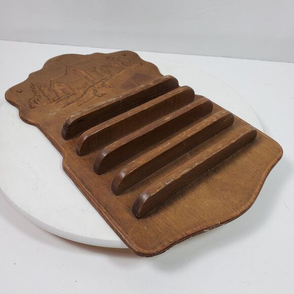 Antique Primitive Thimble Wall Display Wood 16x10x2 Inch Engraved Old Mill Scene - Picture 7 of 8